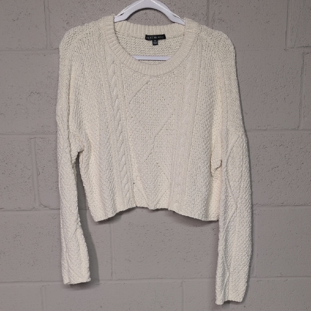 Ivory Cream Cable Knit Cropped Crewneck Sweater Size Medium - Picture 2 of 7